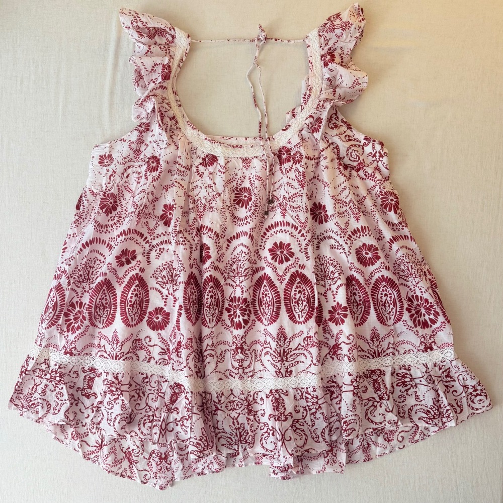 Maeve Flutter-Sleeve Babydoll Mini Dress Plus Size 3X Red Paisley Cotton Boho - Picture 3 of 12